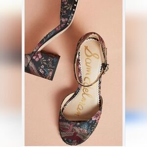 Sam Edelman Brocade Susie Floral Bird Print Strap Heel Black, Pink, and Blue 8.5